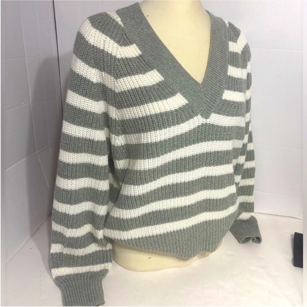 a new day V-Neck Sweater - Gray and White Stripes